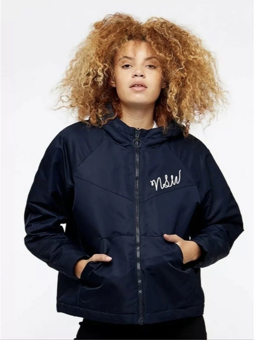 NIKE Full Zip Jacket Navy Blue Gray Reversible Hooded Sherpa Fleece Athleisure